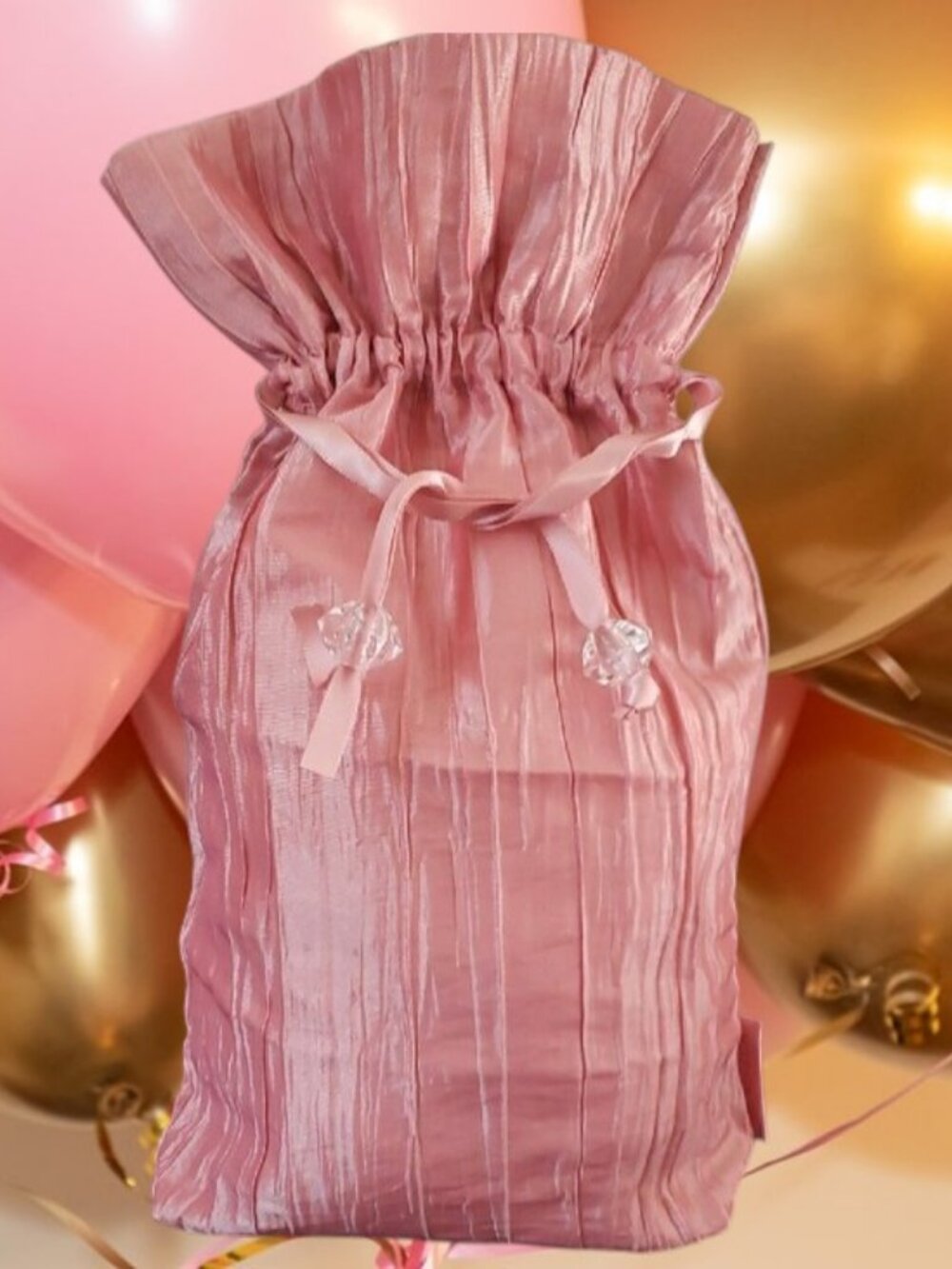 Pink Crinkle Crushed Taffeta Drawstring Gift Bag w/Satin Ribbon Ties ✨NWOT✨